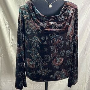 Vintage Brown Velvet Floral Cowl Neck Blouse Y2K